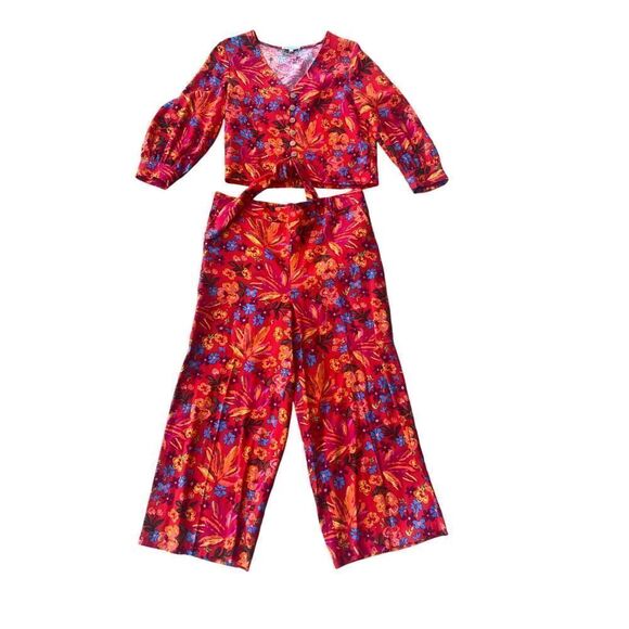 Anthropologie Maison d’ Amelie Red Floral Linen Button Top S, Trouser Pants M - Picture 4 of 8